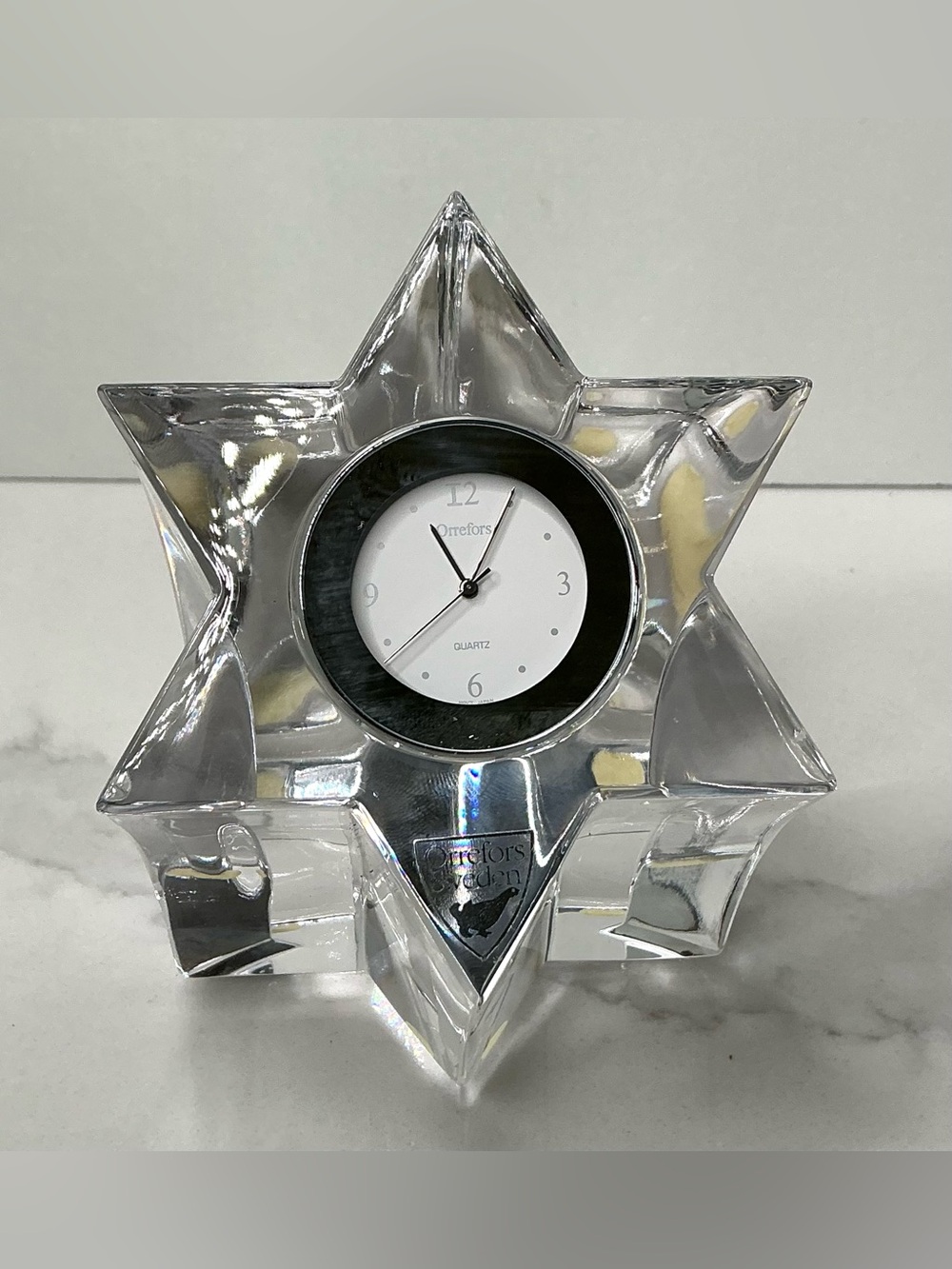 Orrefors Sweden “Meteor” Desk Clock- Swedish Crystal Vintage 4 3/8 Preowned